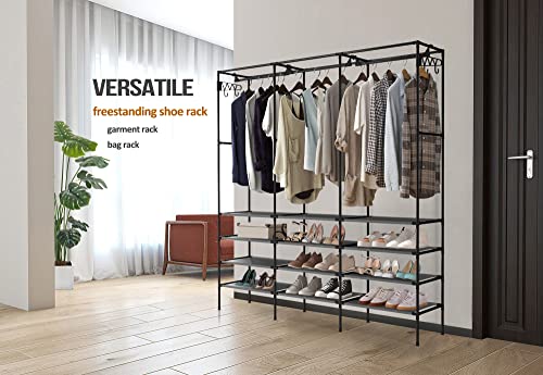 Kertnic 4-Tier Shoe Rack Storage Organizer For Entryway, Free Standing Black Shoes Rack And Boots Racks, Versatile Shoe Shelf Stand With Coat Hanging Garment Rack For Bedroom #TOP2