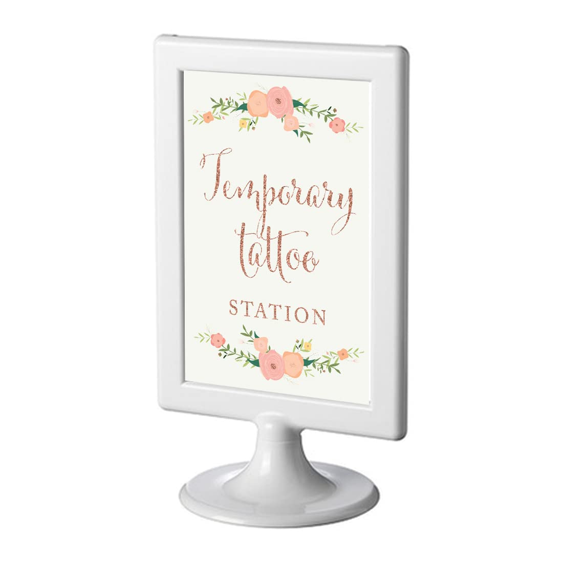 Andaz Press Framed Wedding Party Signs, Faux Rose Gold Glitter with Pink Peach Florals, 4x6-inch, Temporary Tattoo Station, 1-Pack