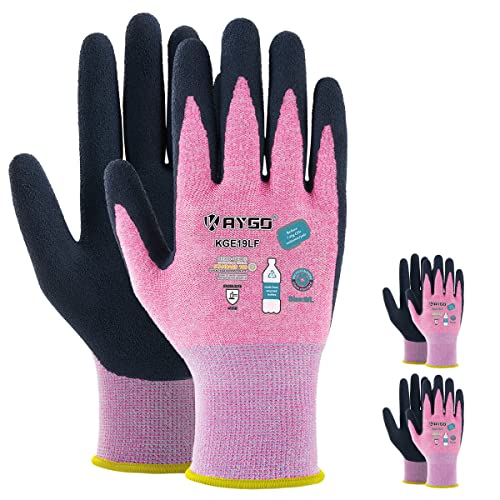 Image of KAYGO Work Gloves Women, Latex Coated, KGE19L, Recycled Material | Excellent Grip, Reduces Hand Fatigue, Lightweight and Durable. Great For Gardening, Warehouse, DIY,Pink