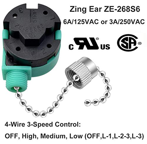 Vinaco Ceiling Fan Switch, Ul Listed Fan Switch For Ceiling Fan, 3 Speed 4 Wire, Zing Ear Ze-268S6 Pull Chain Switch Replacement Fan Speed Control Switch For Ceiling Fan Light,Wall Lamps,Cabinet Light #TOP2