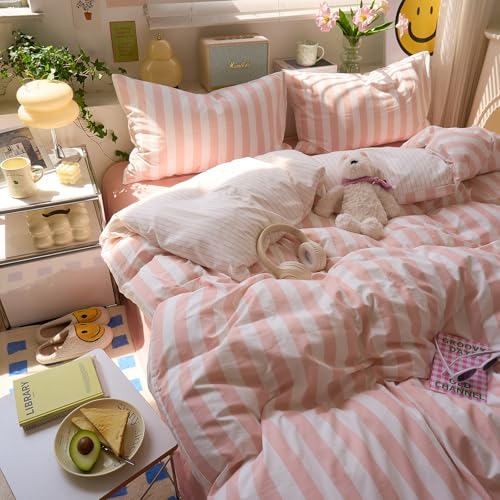 Image of EAVD Pink Striped Duvet Cover Twin XL Soft Washed Microfiber Pink White Vertical Striped Bedding Set with 2 Pillowcases Modern Farmhouse Geometric Pattern Duvet Cover with Zipper Closure