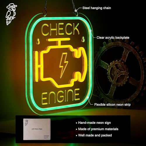 Image of Check Engine Neon Sign for Wall Decor Garage Light LED Light USB Powered for Man Cave Auto Repair Shop Workshop Party Birthday Gift