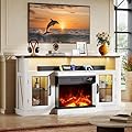 WLIVE 3-Sided Glass Electric Fireplace TV Stand for 65 Inch TV, Entertainment Center with 14 Flame Colors & Adjustable LED Storage Cabinets, Farmhouse Media Console for Living Room, Bedroom (White)