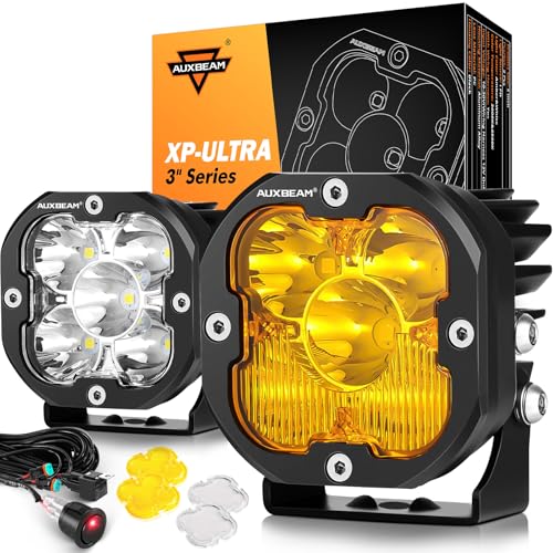 Auxbeam XP-Ultra Series 3" 80W Cube LED Pods White Spot Beam & Amber Combo Beam Replaceable Light Covers 9600LM Yellow Offroad Ditch Lights Driving Light Bar, Pair XP-Ultra 3" White Spot & A
