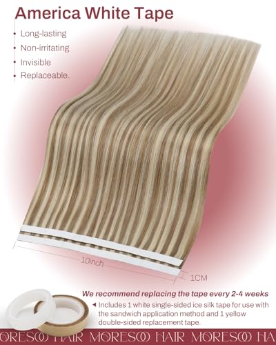 Image of Moresoo Light Brown Highlight Tape in Weft Extensions, 20 Inch, 75g, 2Pcs | Invisible PU Weft Tape in, Genius Tape in Extensions, Light Brown Highlighted Blonde, Remy Human Hair, Salon Use, Daily Wear