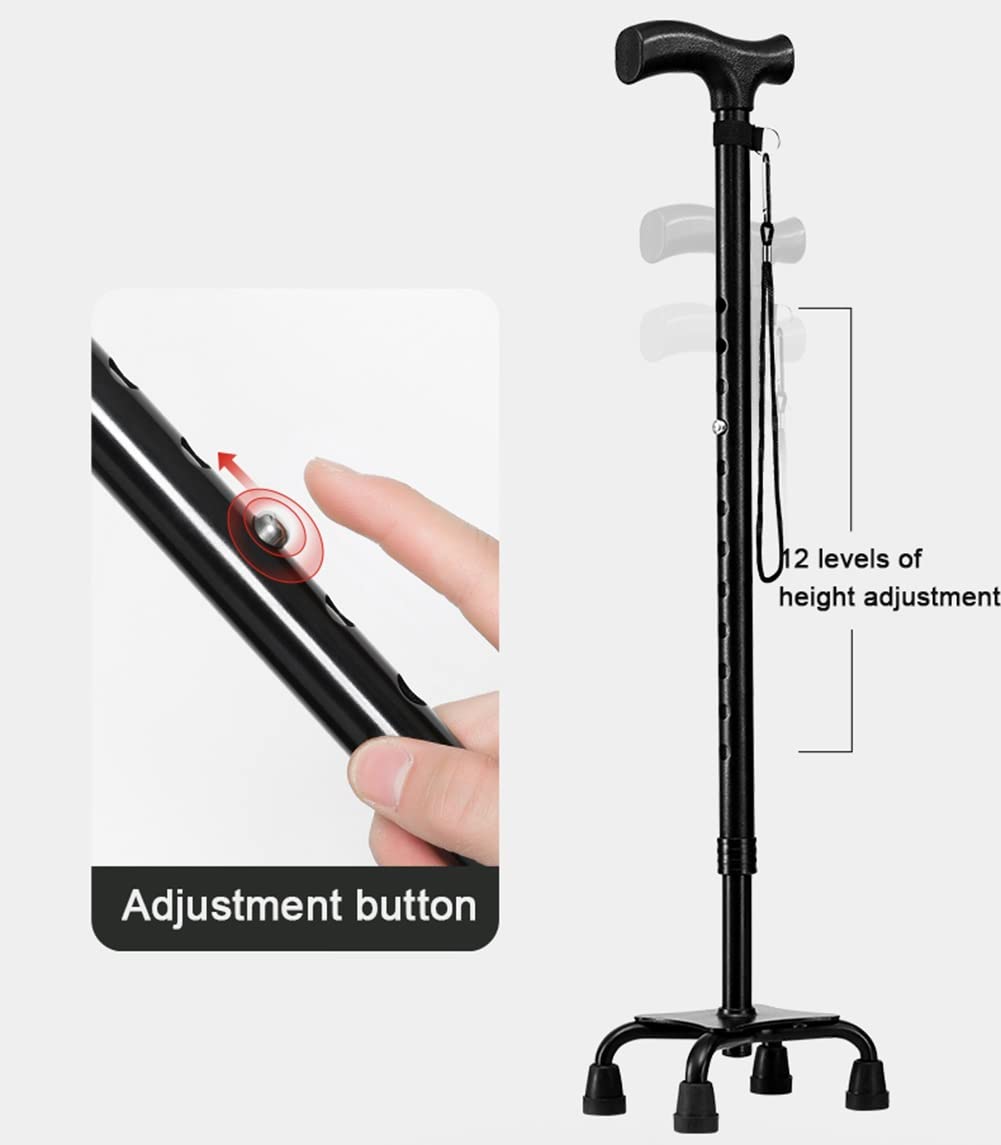 Bastón cuádruple para Ancianos, empuñaduras ergonómicas, bastón de pie con 4 Patas, bastón de Aluminio para Hombres y Mujeres, con Correa para la muñeca
