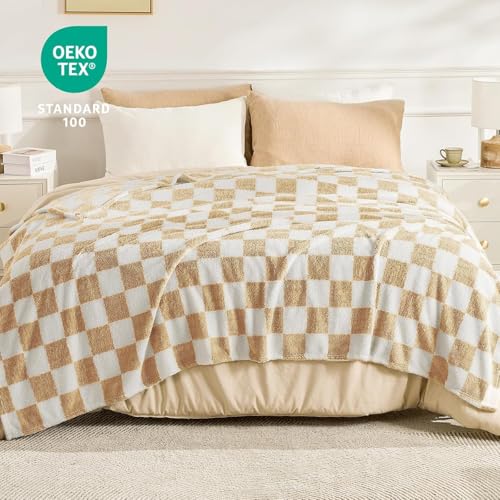 EMME Kuscheldecke Flauschige Decke - Karierte Decken 150 x 200 cm, Woven Sofadecke Weiche Warme Wolldecke&Fleecedecke, Tagesdecke, Überwurfdecke, Kuscheldecken für Couch, Beige