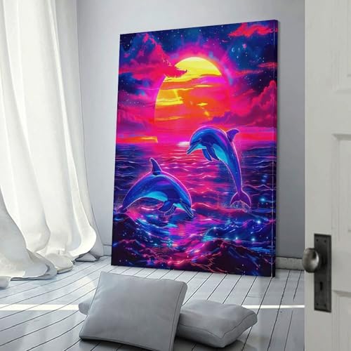 Peinture sur toile dauphin au coucher de soleil 50x75cm