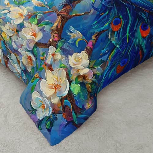 Image of AILONEN Vintage Flora Blue Peacock Comforter Set Twin Size,Garden Birds Bedding Sets for Girls Women Bedroom Decor,3-Piece, 1 Quilt and 2 Pillowcases