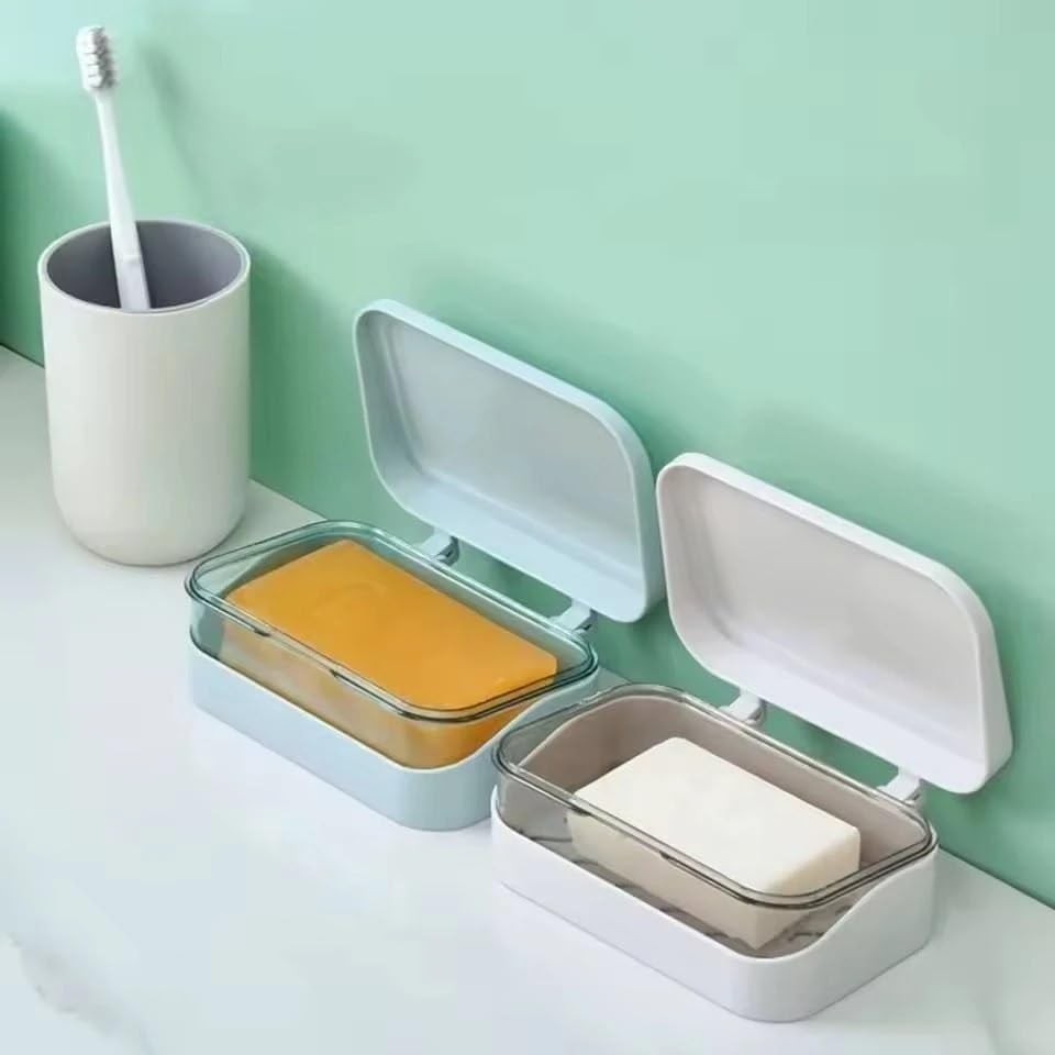 Image of Wall Mounted Soap Box with Flip Cover and Drain Tray | Detachable Inner Support | Adhesive Sticker Installation | ABS Soap Holder for Bathroom (Portable Soap Holder)