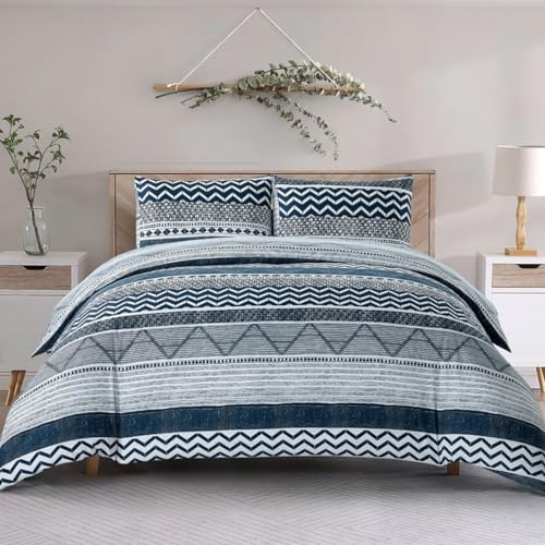 Lekesky Duvet Cover King Size, Soft Microfiber Boho Aztec Quilt Cover Set Blue Bohemian King Bedding...