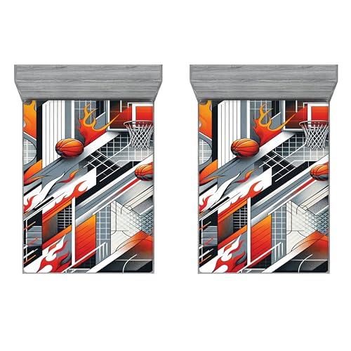 Ambesonne Basketball 2 Pack Fitted Sheet, Futurist Lines Balls Art, Bed Cover All-Round Elastic Deep Pockets 2 Pieces, Package Contains 2 California King Fitted Sheets, Vermilion Blue Grey