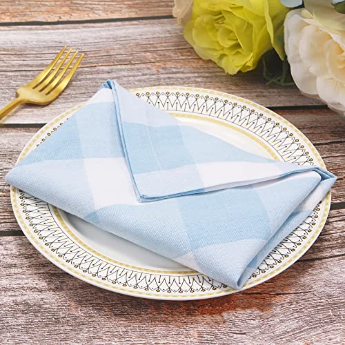 Image of Cotton Cloth Napkins Set of 12 Blend Buffalo Plaid, 20 x 20 Inch Washable Dinner Napkins, Buffalo Checks Reusable Table Napkins for Restaurant, Party, Wedding, Holiday, Farmhouse，Light Blue and White