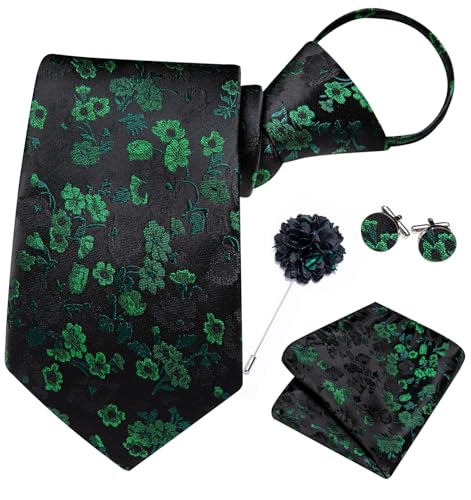 Image of Hi-Tie Zipper Green and Black Floral Ties for Men Adjustable Pre-Tied Necktie Lapel Pin Pocket Square Cufflinks Set