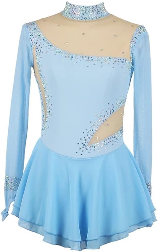 Women's Figure Skating Dress for Competition Performance, Long Sleeve Ice Skating Dress with Shiny Rhinestone