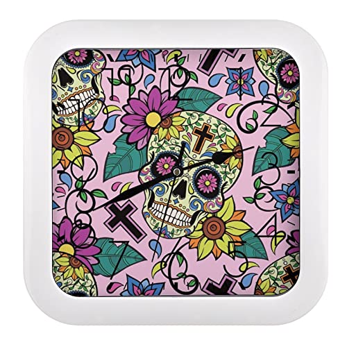 Pendule murale silencieuse fleur crâne 26x26cm pour décoration de bureau moderne