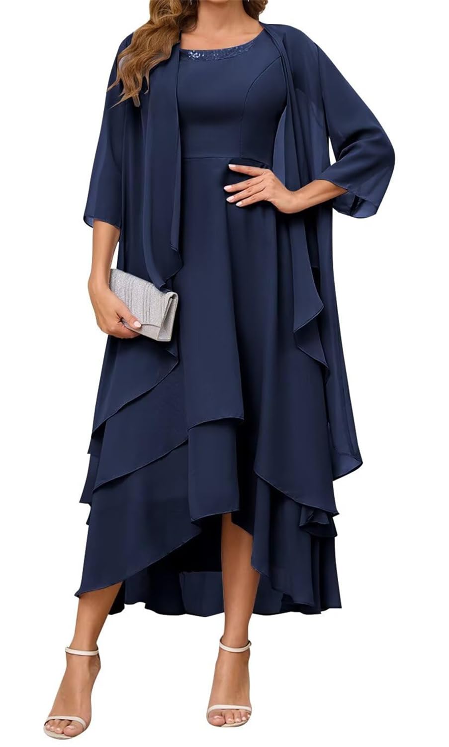 Yiann Women's Navy Blue Classy Mother Of The Bride Dresses Tea Length For Chiffon A Line Formal Dress With Jacket Uk14