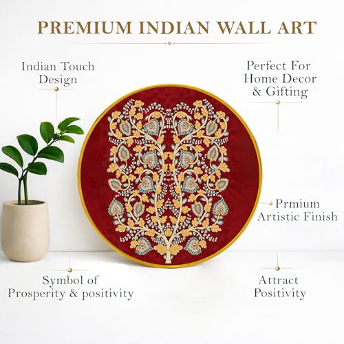 Image of Elegant Kalamkari Round Framed Wall Art Painting For Living Room | Traditional Madhubani Floral Wall Art Painting With Frame For Home, Bedroom & Office, 16 Inch