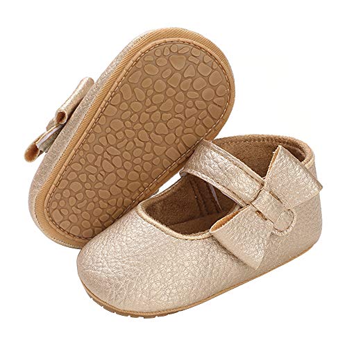 FEAMODAL Infant Baby Girls Mary Jane Flat Princess Shoes Non-Slip Soft Rubber Sole Toddler First Walking Sneaker Dress Shoes(02 Gold, 0-6Months)