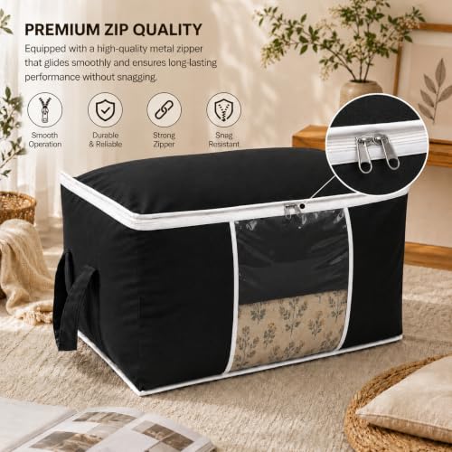 Image of Non-Woven Underbed Storage Bag with Side Handles - Blanket, Comforter & Quilt Organizer - Foldable Dust-Proof Storage Box for Clothes, Sweaters & Bedding - Black, 65x33x47cm (Pack of 1)