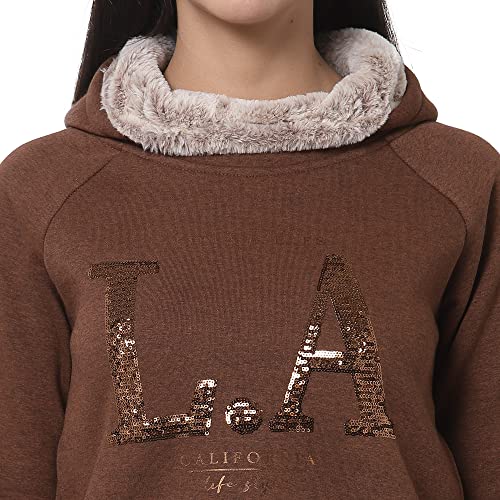 Image of Juelle Women Embellished Brown Hooded Fleece Sweatshirt