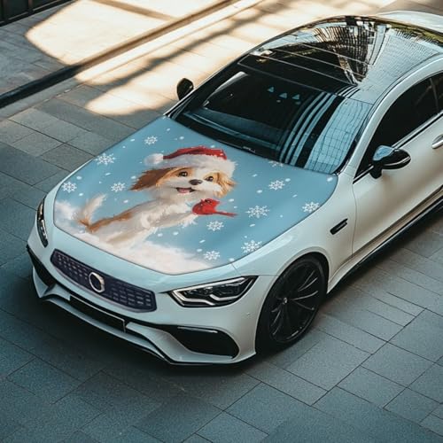 Image of Christmas Dog Print Car Hood Cover Stretch Polyester Fabric Cover for Car Hood Waterproof Car Hood Protector Easy Installation for Christmas Decoration Gifits
