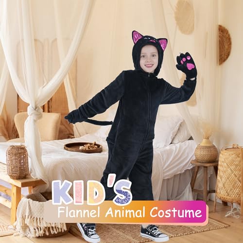 Wizland Kids Black Cat Onesie Costume,Boys and Girls Animal Outfits,One-Piece Hooded Flannel Black Cat Fancy Dress 3-4 years - Image 2