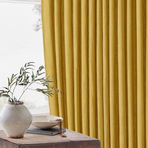 Image of Mustard Yellow Pinch Pleated Linen Sheer Curtains 45 Inch Length 2 Panels | for Kitchen Small Bay Window Basement, Pinch Pleated with Hooks Rings Back Tab, Memory Shape, Thick Linen Semi Sheer, W40xL45