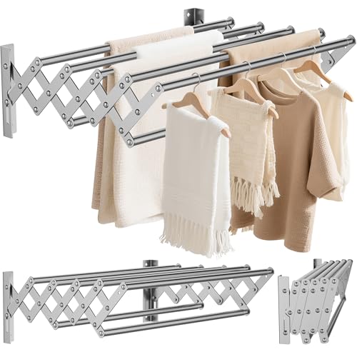 OUUTMEE Stendibiancheria da parete in acciaio inox, allungabile, portata telescopica anteriore e posteriore, 12 ~ 36 cm, con sette tiranti, portata 25 kg (argento)