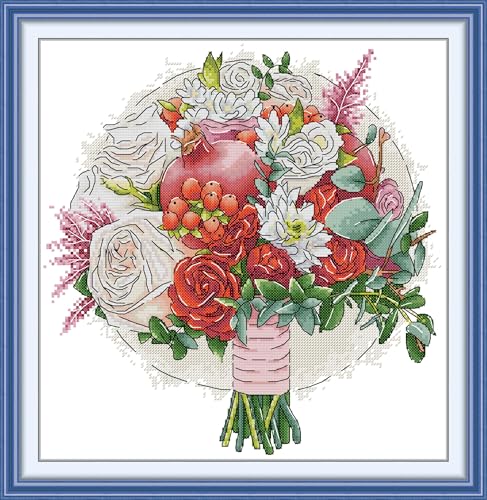 Image of CaptainCrafts Cross Stitch Kits for Adults Counted Cross Stitch Unprinted Fabrics Needlework Craft Home Decor (Counted 14CT, Pomegranates and Flowers)