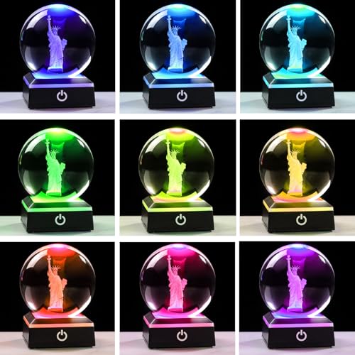 Image of 3D Crystal Ball Statue of Liberty Figurines New York City Souvenirs Gifts for Women Men Adults with LED Base Night Light Decor USA Snow Globe Glass NYC Globe for Christmas Birthday
