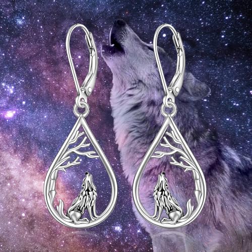 Wolf Earrings Wolf Earrings for Women Sterling Silver tree Black Wolf Earring Viking Celtic Dangle Gifts Halloween Christmas Jewelry 7