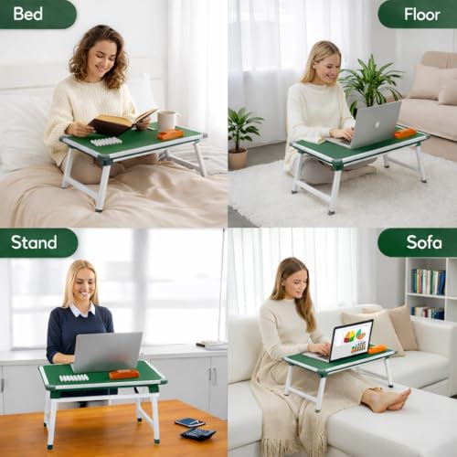 Image of YAJNAS Multipurpose Portable Green Chalkboard Study Laptop Table (15x23 Inch) | Height Adjustable Foldable Lap Desk & Bed Table for Kids, Home, Office, Online Classes & Learning | with Chalk & Duster