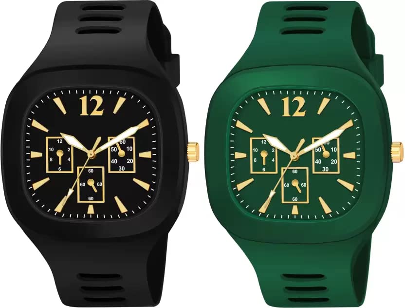 GOLDENIZE FASHION New Combo of Multicolor Square Dial with Silicone Strap Unisex Combo of 2 Analog Watch Big Dial Mens & Boys Wrist Watch | Pack of 2 (Green) (B0BFFMZBLL) Amazon Price History, Amazon Price Tracker