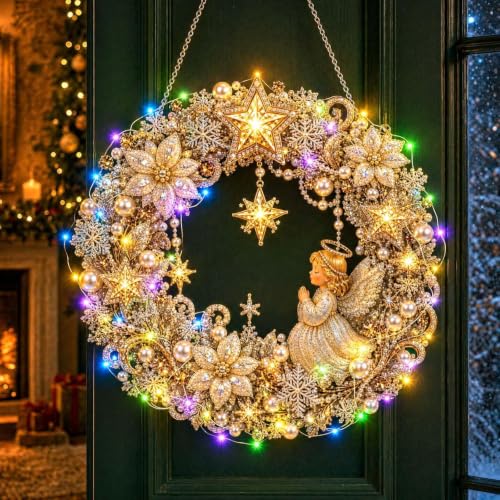 Kit de corona de pintura de diamantes de Navidad con cadena de luces LED