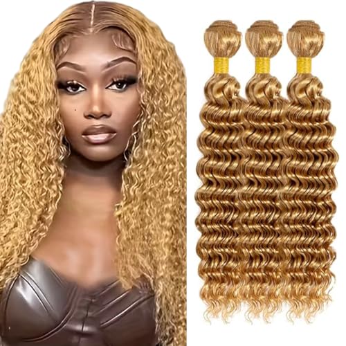 AuokMar Extensiones de cabello humano rubio miel #27, ondulado de agua, de primera calidad, sin procesar, doble trama brasileña, extensiones de cabello Remy para mujeres, 3 paquetes de 150 g, 16