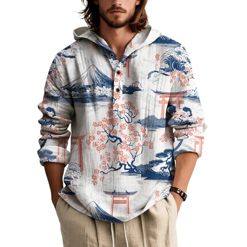 LOAIHA Men's Boho Hooded Terry Cloth Sweatshirt Lightweight Long Sleeve Geometric Print Button Up Casual Vacation Top