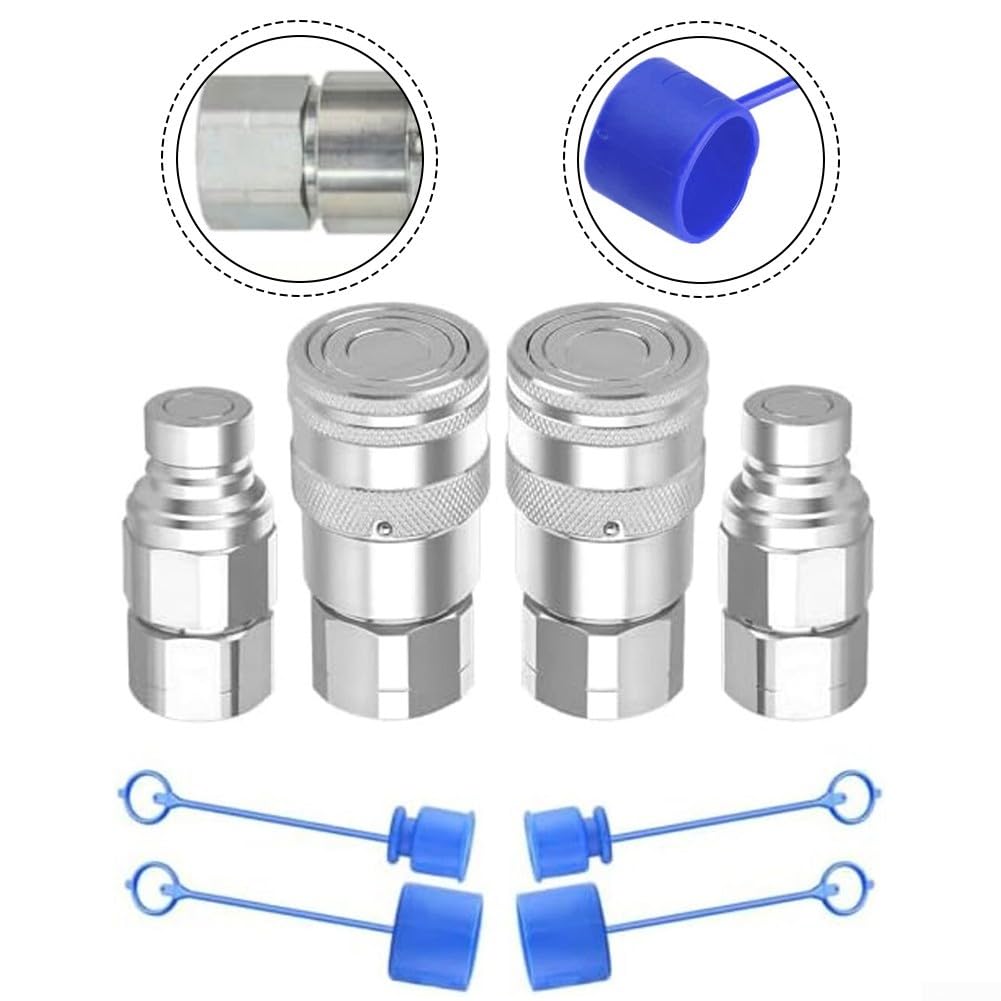 NPT flache Hydraulikkupplung ISO16028 Schnellverbindung, 5076 PSI Kohlenstoffstahl Hochdruckadapter für Kompaktlader für Bobcat, 2 Sets mit Kappe (NPT1/2)