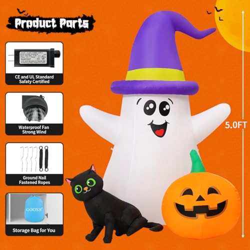 Image of GOOSH 5 FT Halloween Inflatables Ghost Outdoor Decorations Blow Up Yard Cute Wizard Ghost with Black Cat Pumpkin with Built-in LEDs for Garden Lawn Indoor Party Decor