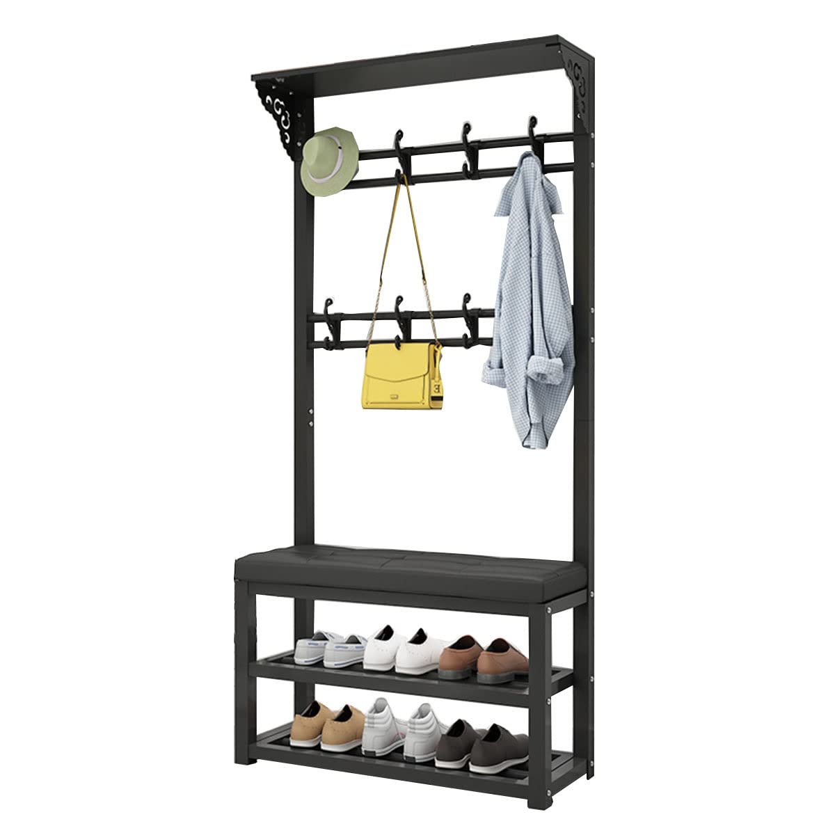 Heavy Clothes Rails Metal Coat Rack Standing Inrial Entryway Coat Tree with 2-Tier Shoe Rack and Shoe Bench