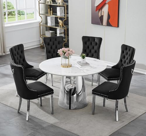 Image of 7-Piece Round Dining Table Set for 6, Modern Faux Marble Kitchen Table and Black Velvet Chairs Set of 6, Luxury 45 inch Circle White Silver Dining Room Tables with Stainless Steel Base