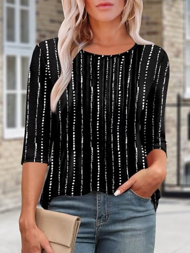 KISSMODA Tunic Tops for Women Loose Fit Dressy Round Neck Pleated 3/4 Length Sleeve Spring Tops