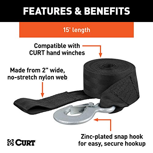 Curt 29450 2-Inch X 15-Foot Nylon Winch Strap With Hook, 3,300 Lbs , Black #TOP2