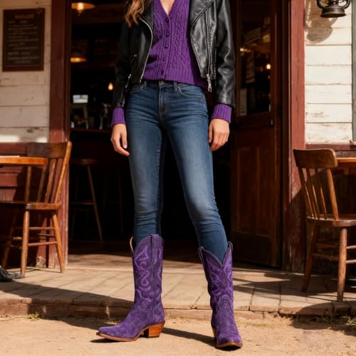 Image of LEHOOR Cowboy Boots Women Embroidered Mid Calf Western Boots Stacked Low Heel Pointed Toe Pull On Cowgirl Boot 4-11 M US