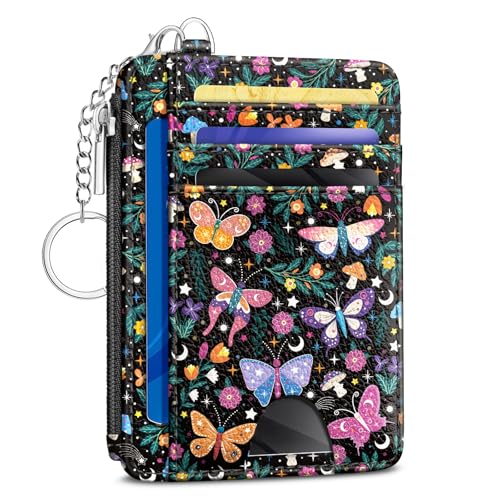 Image of Kelvoris Butterfly Flowers Credit Card Holder Small Wallet Women, Slim RFID | Keychain, Zipper Coin Pocket, Front Pocket Thin Travel Card Case, Minimalist, 6 Card Slots, 1 ID Window, Ladies Gifts Woman