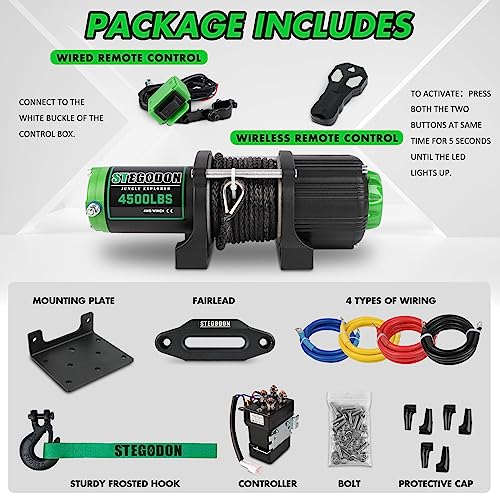 STEGODON 4500 lb. Electric Winch,ATV/UTV Winch with Synthetic Rope,12V Electric Boat Trailer Winch Kit with Wireless Remotes and Mounting Bracket - Thumbnail 6
