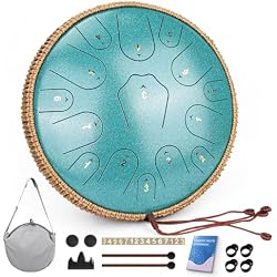 Steel Tongue Drum-14 Inch 15 Notes Tongue Drums, Steel Drum Instrument for Adults, Handpan Drums with Music Book, Handpan Drum Mallet, and Carry Bag, C Major (Malachite Green)