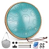 Steel Tongue Drum-14 Inch 15 Notes Tongue Drums, Steel Drum Instrument for Adults, Handpan Drums with Music Book, Handpan Drum Mallet, and Carry Bag, C Major (Malachite Green)