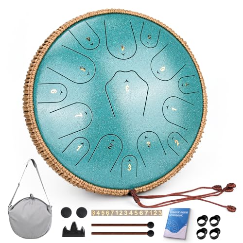Steel Tongue Drum-14 Inch 15 Notes Tongue Drums, Steel Drum Instrument for Adults, Handpan Drums with Music Book, Handpan Drum Mallet, and Carry Bag, C Major (Malachite Green)