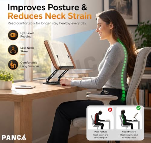 Image of PANCA Adjustable Book Stand for Reading & Laptop Stand for Desk | 360 Rotating Base Wooden Book Holder | Multi-Angle Cookbook, Textbook, Tablet & Laptop Stand for Study, Office & Home Use